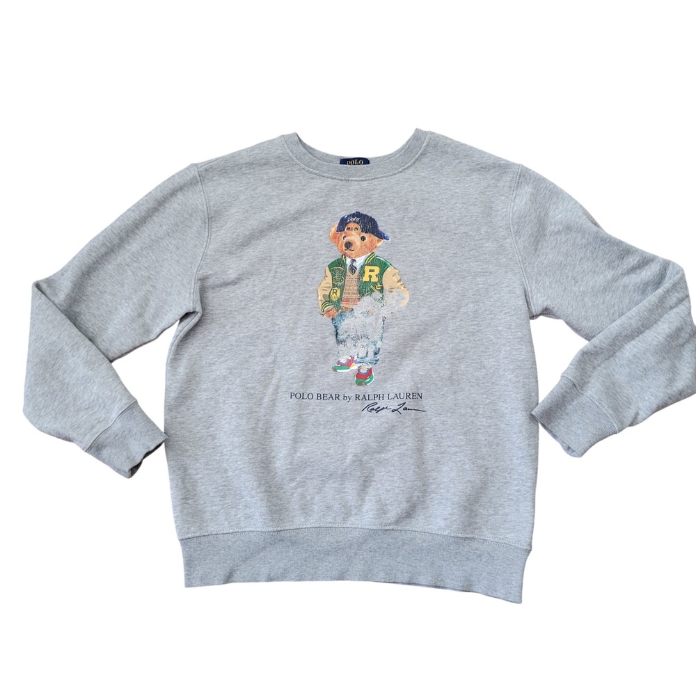 Polo Ralph Lauren M 10-12 Sweatshirt Gray Varsity Bear Graphic Cozy Crewneck
